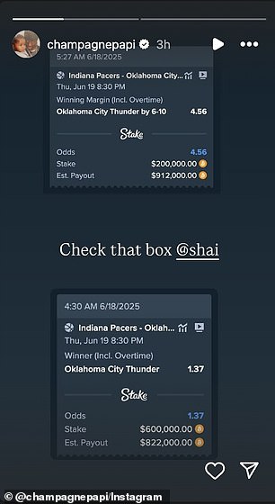 Drake believes the Thunder will emerge with the NBA title, as he made two wagers totaling $800,000 backing them