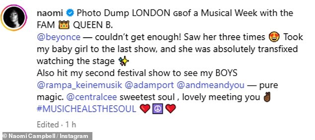 The supermodel, 55, was reminiscing over the start of her summer as she attended the Crazy In Love hitmaker's concert at Tottenham Hotspur Stadium as well as a festival with pals