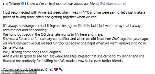 Falkner paid tribute to Anne on her Instagram after hearing about the shocking news