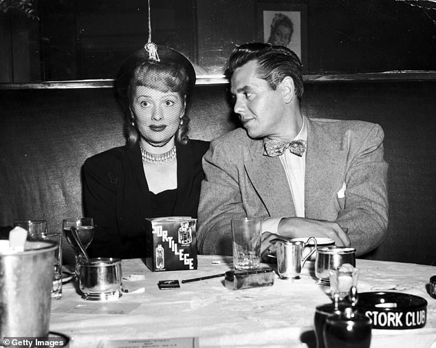 Lucille and Desi first crossed paths in 1940 while on set of the movie Too Many Girls and eloped that same year at the Byram River Beagle Club in Connecticut; seen above in 1945 in NYC