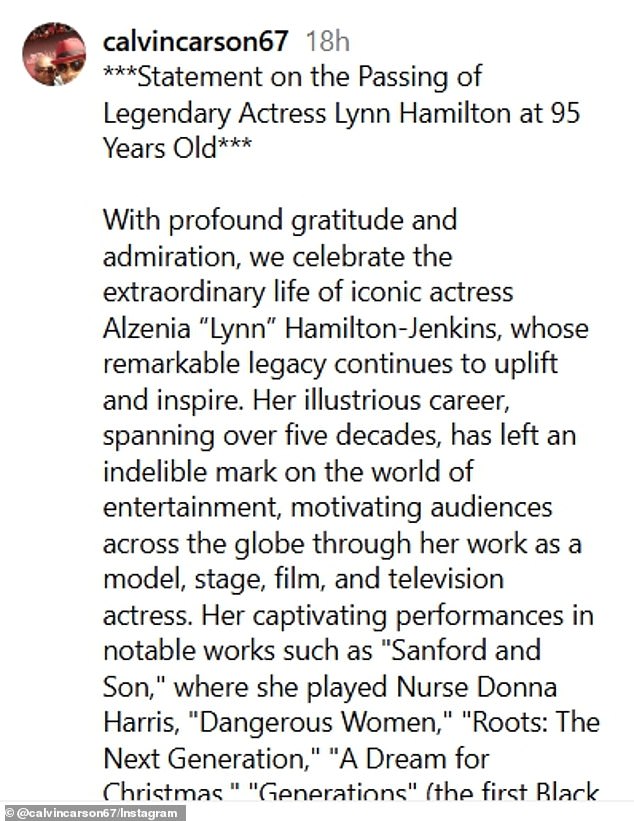 He then remembered some of her 'captivating performances' in projects including Sanford And Son, Dangerous Women and Roots: The Next Generation