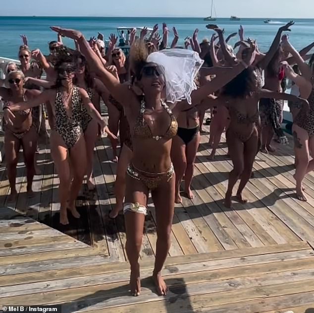 The huge group of hens danced on a deck overlooking the stunning ocean as they soaked up the tropical sun while celebrating the Spice Girl