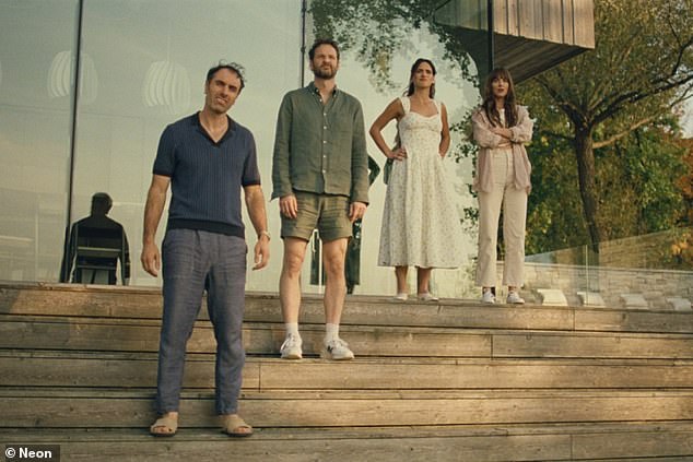Johnson produces and stars as Julie in Michael Angelo Covino's couple-swapping unromantic comedy also starring (from L-R) Covino, Kyle Marvin, and Adria Arjona