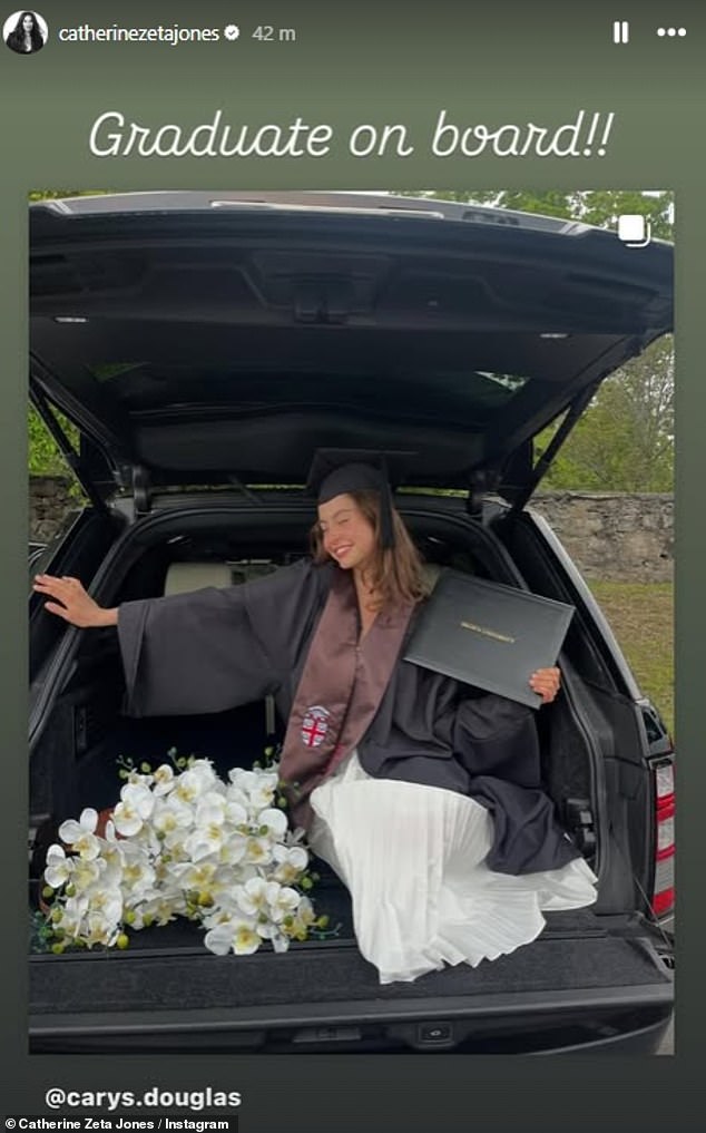 Catherine also reposted a fun snap of Carys sat in the boot of their car as she quipped: 'graduate on board'