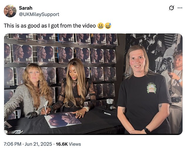 One attendee shared a photo of them posing alongside the stars but Campbell was looking down and Miley was not yet smiling. The X user tweeted cringing emojis and wrote: 'This is as good as I got from the video'