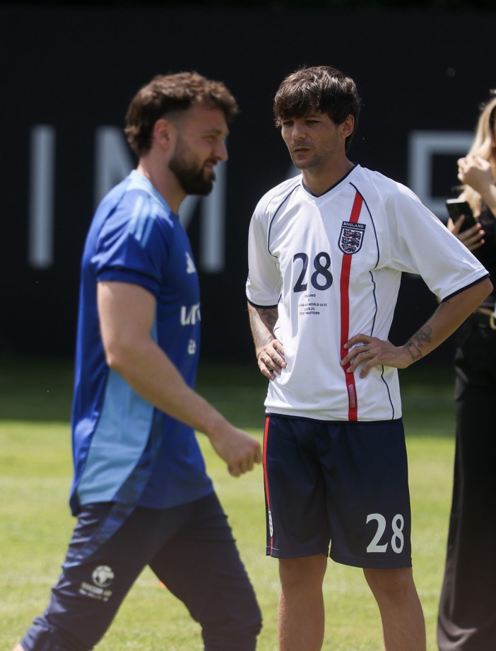 TRING, ENGLAND - JUNE 13: Sam Thompson and Louis Tomlinson during a training session ahead of Soccer Aid 2025 at Champneys Tring on June 13, 2025 in Tring, England. (Photo by Mike Marsland/WireImage)
