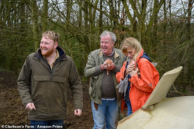 Elsewhere, Clarkson's Farm, which has just seen season four released, grabbed the gong in the Entertainment category (Jeremy Clarkson, Kaleb Cooper, and Lisa Hogan pictured on the show)
