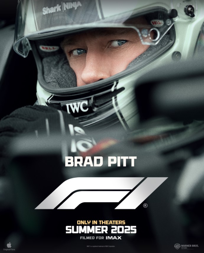 Brad Pitt in a racing helmet, movie poster for Summer 2025.
