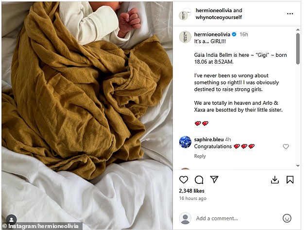 The London-based Australian entrepreneur shared the exciting news to Instagram on Tuesday alongside a sweet image of her baby wrapped in a blanket
