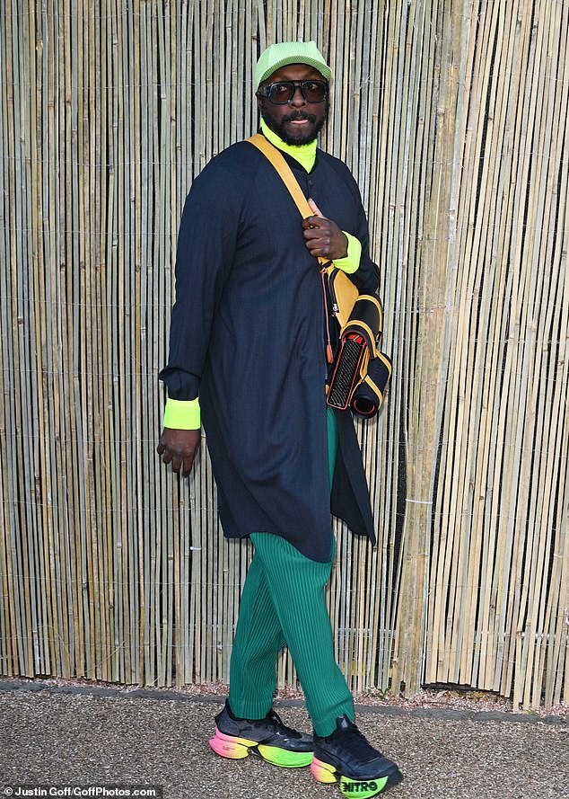 will.i.am wore a quirky ensemble as per usual as he paired green cords with a blue jacket and neon yellow top