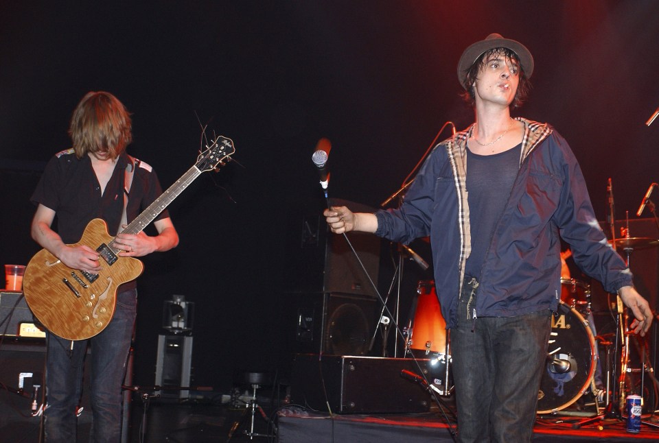 Pete Doherty and Patrick Walden performing live on stage.
