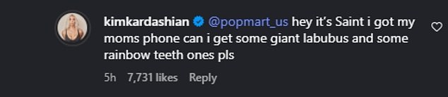 The nine-year-old also replied, 'hey it's Saint i got my moms phone can i get some giant labubus and some rainbow teeth ones pls'