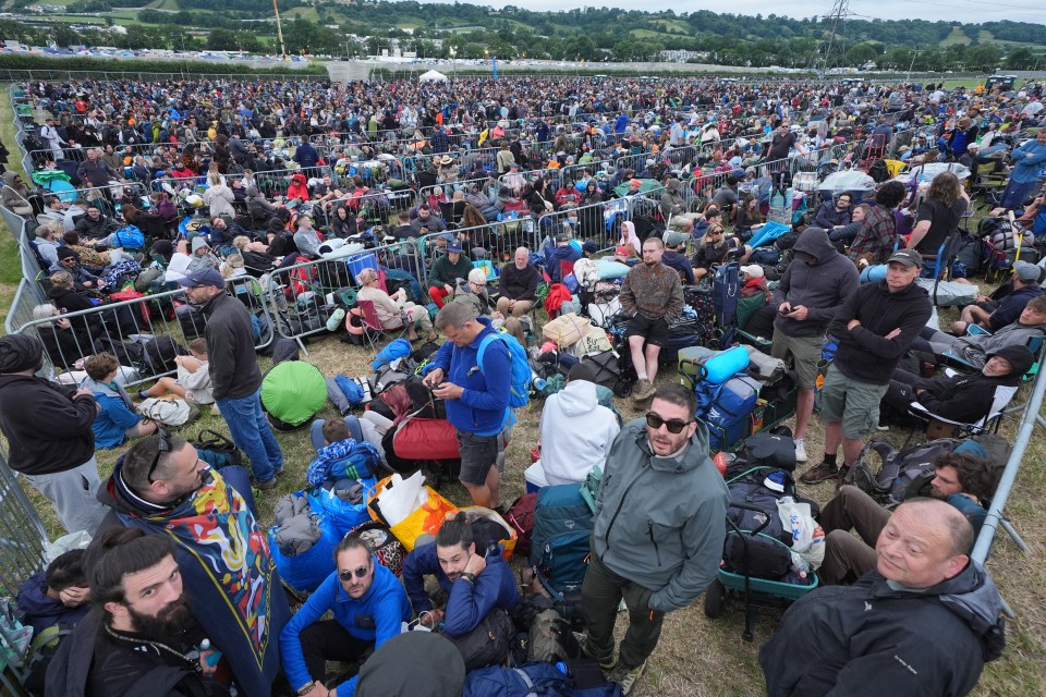 Large crowd of people waiting in line, sitting on the grass with camping gear.