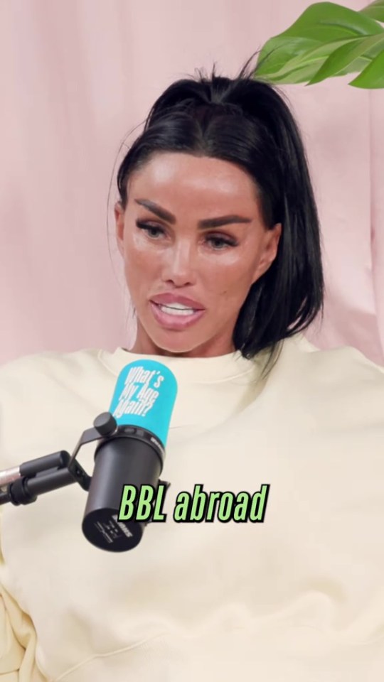 Katie Price speaking into a microphone; text overlay reads "BBL abroad".