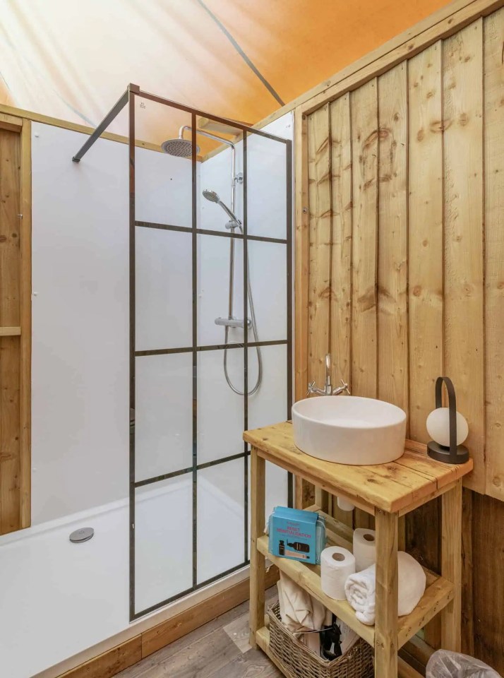 Shower and sink in a luxury campsite bathroom.