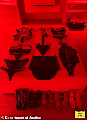 Images shown as part of Jane's exhibits show a collection of lingerie and adult accessories, along with multiple pairs of high heels laid out on a bed
