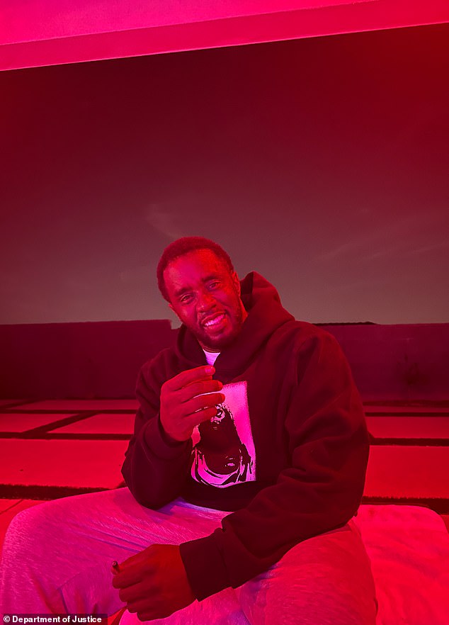 Evidence photos submitted in the trial show various personal images of Diddy, who is seen in this undated photo, where he appears to be under red lighting