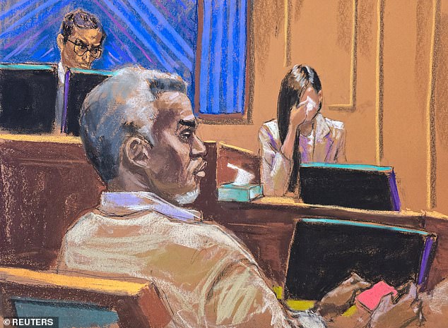Diddy's alleged victims include an ex-girlfriend who has given emotional testimony anonymously as 'Jane' (pictured on the stand on June 9) to say she was blackmailed, plied with drugs, and tossed about like a 'whore'