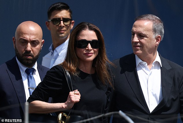 Jordan's Queen Rania was also seen arriving dressed in a chic all-black look ahead of the Amazon founder's wedding