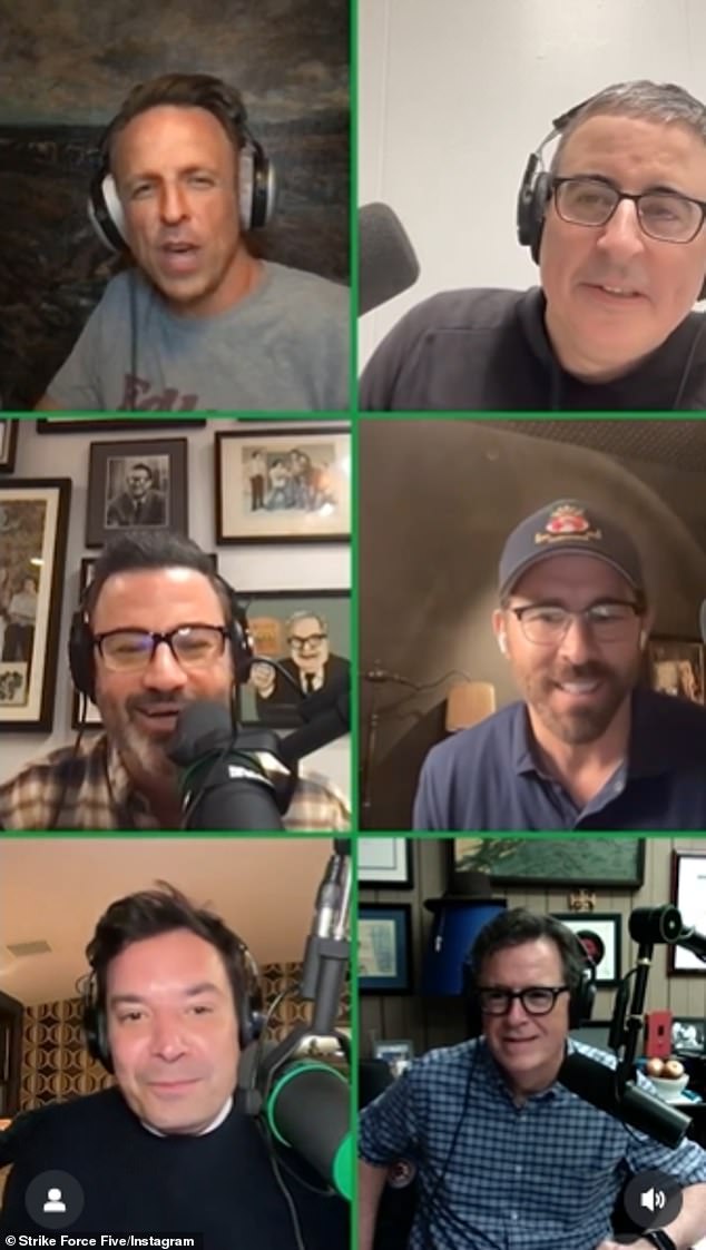 Behind the scenes, none of the major talk show hosts - Stephen Colbert, Jimmy Fallon, Jimmy Kimmel, Seth Meyers, and John Oliver - have cracked a joke about the Lively-Baldoni case after Reynolds' company Mint Mobile was one of two sponsors for their 2023 podcast, Strike Force Five (pictured in 2023)