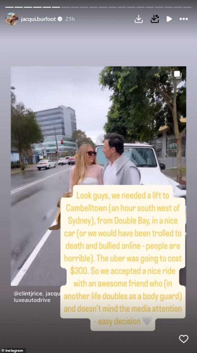 Jacqui took to Instagram on Thursday to share a clip of her and her fiancé Clint Rice, who also appeared on the hit dating show, along with an explanation