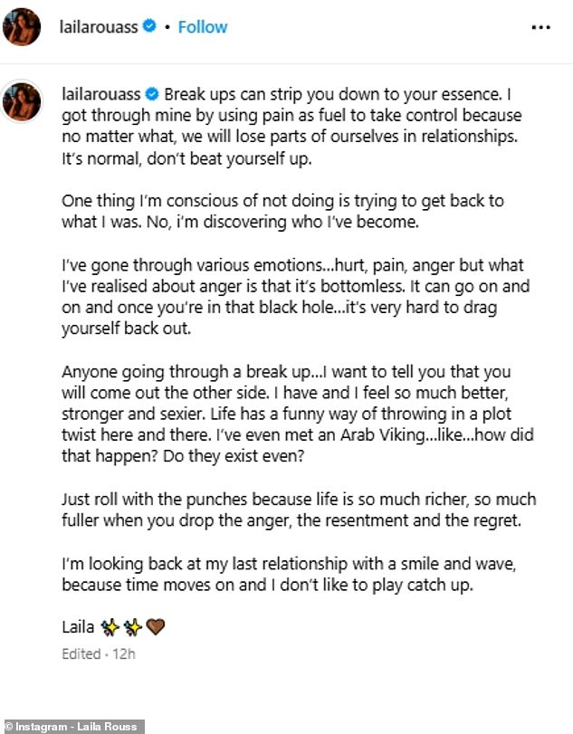 Laila took to Instagram to speak out for the first time after her split from the snooker legend, writing that 'break-ups can strip you down'