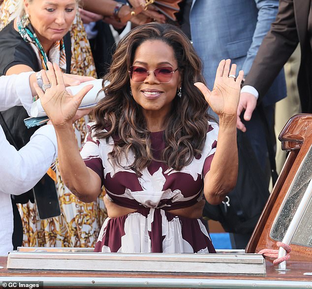 Oprah Winfrey gave a glimpse at her frame as she attended a party later on Thursday while sporting a purple and white-colored ensemble with small cutouts on the sides