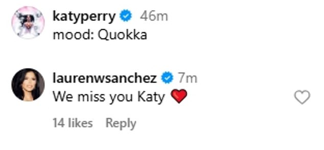 The morning after Katy took to Instagram to share a series of snaps of herself with her arm wrapped around a quokka in a photo dump, and Lauren was quick to comment