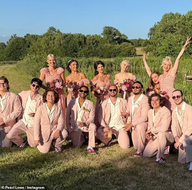 The model, 36, and her estate agent love said 'I do' in an idyllic, pink-themed ceremony in front of their family and showbiz pals, on what was the couple's fifth anniversary [the couple's bridesmaids and groomsmen pictured]