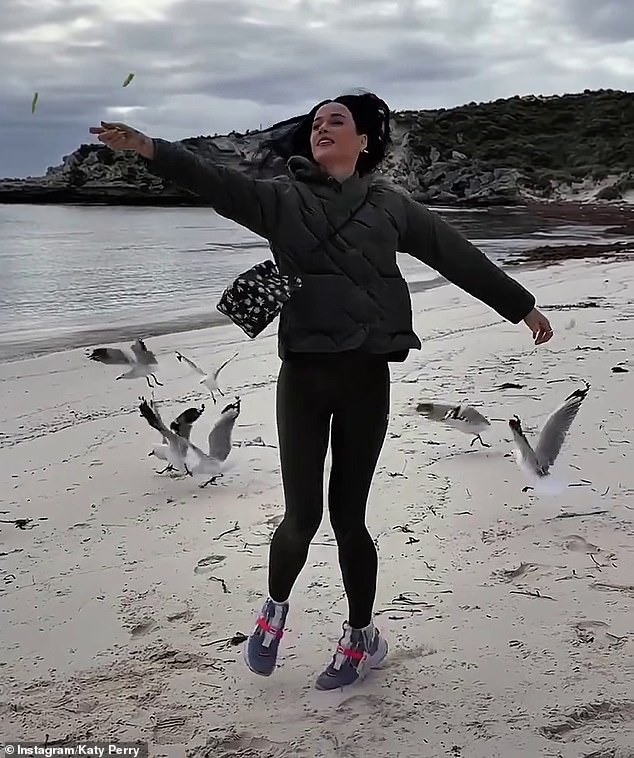 'Mood: quokka,' she captioned the gallery of images, which also contained a clip of her dancing on the beach alongside a flock of seagulls