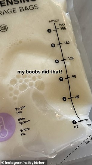 Ahead of the weekend Hailey showed off her pumped breast milk