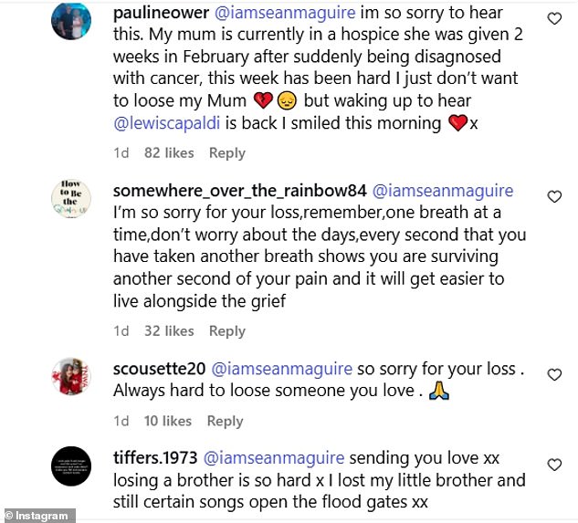 Sean's comment was met with several supportive messages from other Instagram users, many of whom shared their own stories of grief and heartbreak