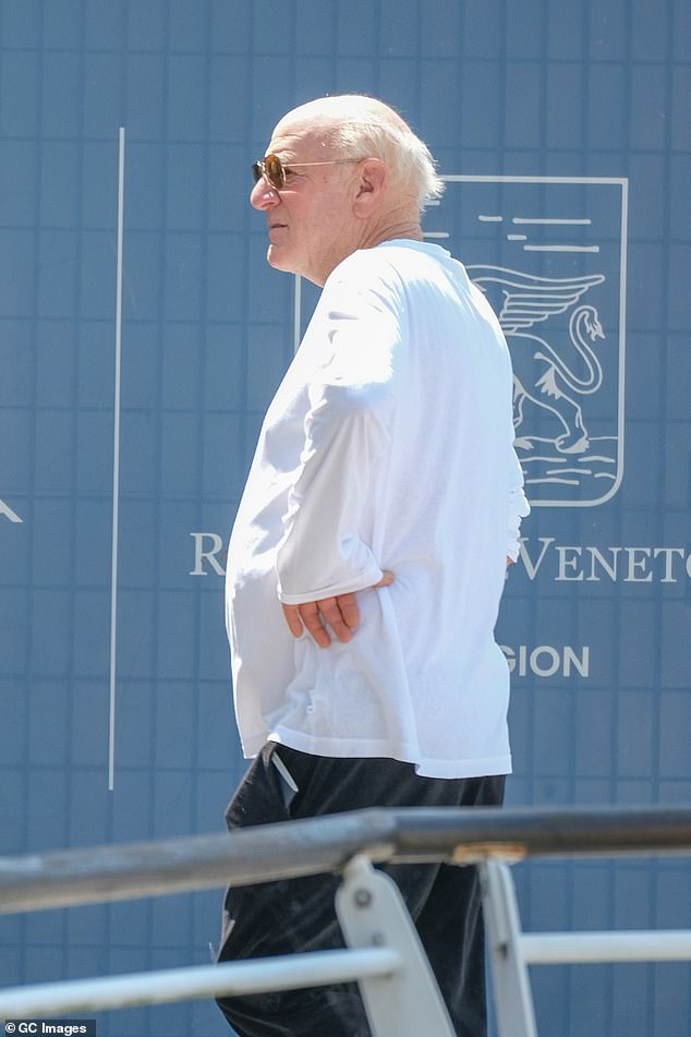 And another of Bezos' billionaire guests, Barry Diller was stood at the dock of the airport, ahead of his flight back home (pictured)