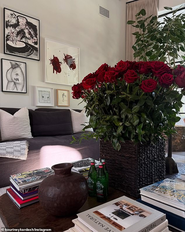 The Lemme founder included photos of her sexy date night outfits as well as the stunning display of roses she presumably received from her adoring husband. In a snapshot of a corner of her living space, dozens of red roses were placed on a coffee table while handmade drawings were framed on the wall, including one that was presumably of her famous backside