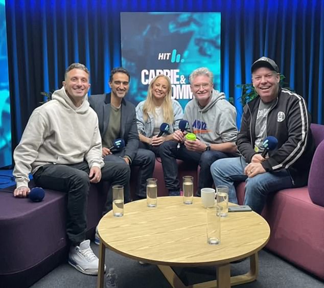 Carrie (centre) invited former co-hosts Waleed Aly (second from left), Pete Helliar (far right) and Dave Hughes (second from right) on Hit Network¿s Carrie and Tommy to discuss some of the show's most memorable moments over the years