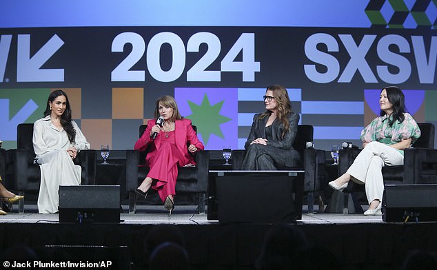 Brooke admitted recently on King Charles' goddaughter India Hicks podcast that she poked fun at Meghan Markle for being 'too precious' at SXSW in Austin, Texas, in March 2024 (pictured)