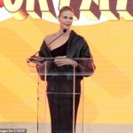 Charlize Theron eviscerated Jeff Bezos and Lauren Sanchez's wedding extravaganza at her charity event Block Party on Saturday night; pictured at her Saturday event