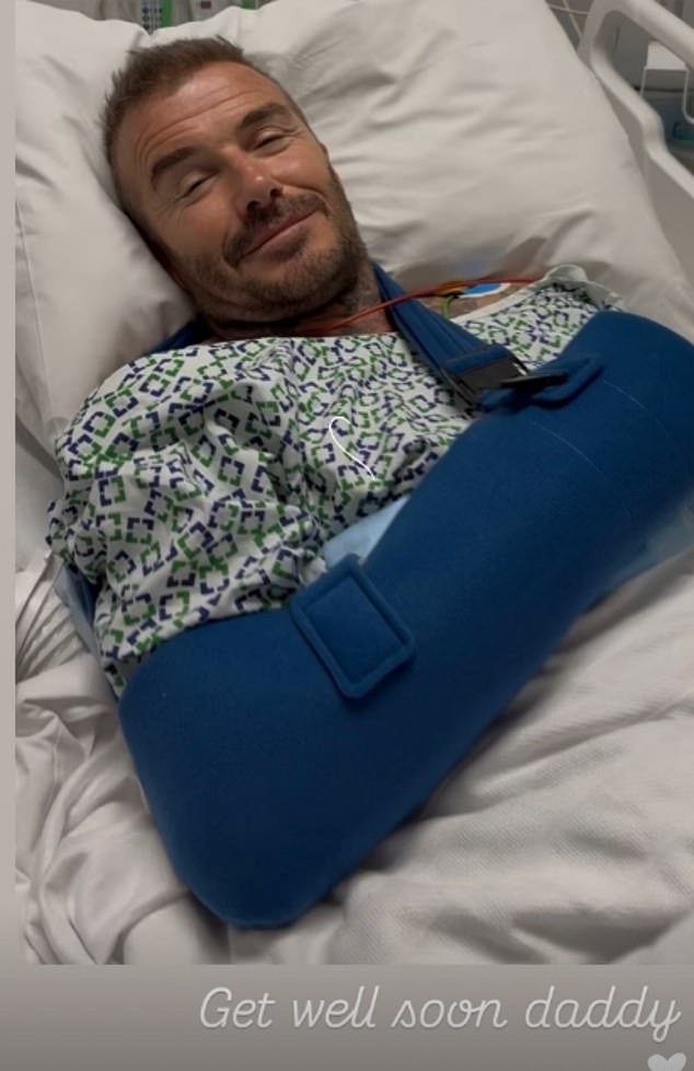 David Beckham is in hospital with a mystery injury as wife Victoria shared a  picture of star with arm in sling on Instagram on Friday