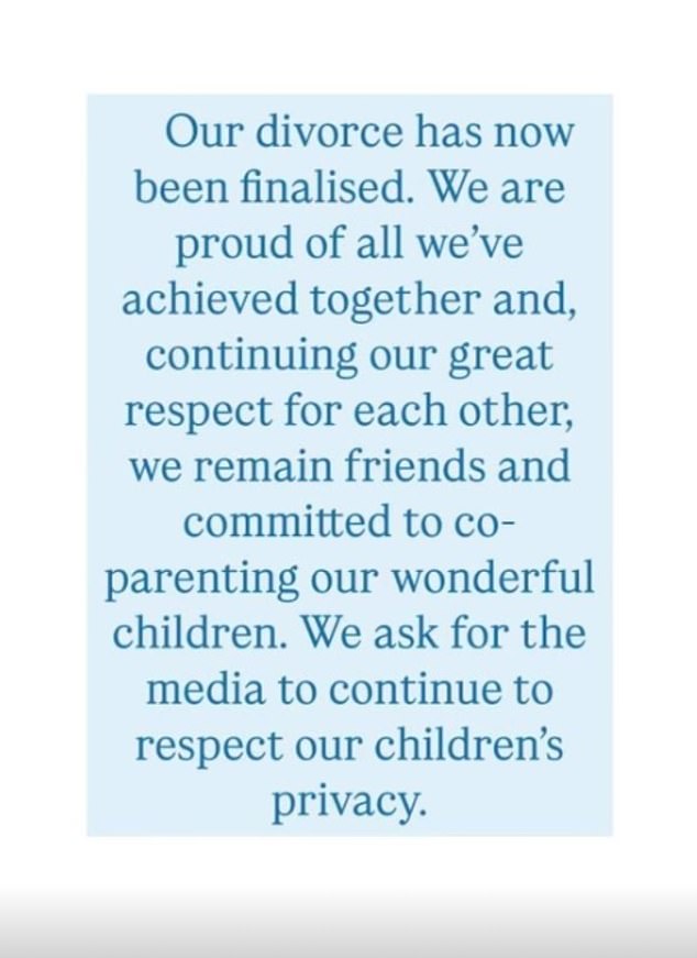 'We are proud of all we've achieved together and, continuing our great respect for each other, we remain friends and committed to co-parenting our wonderful children. We ask for the media to continue to respect our children's privacy
