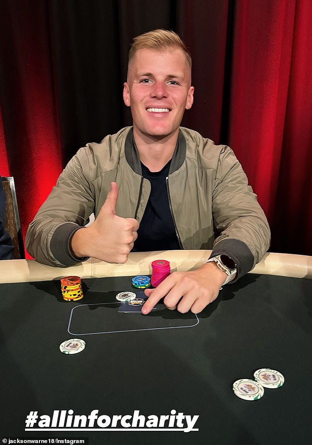 Jackson Warne (pictured) has been on a fitness journey. And it was hard to ignore how much the 25-year-old looks like his late father Shane in his latest social media posts as he attended a charity poker match on Sunday