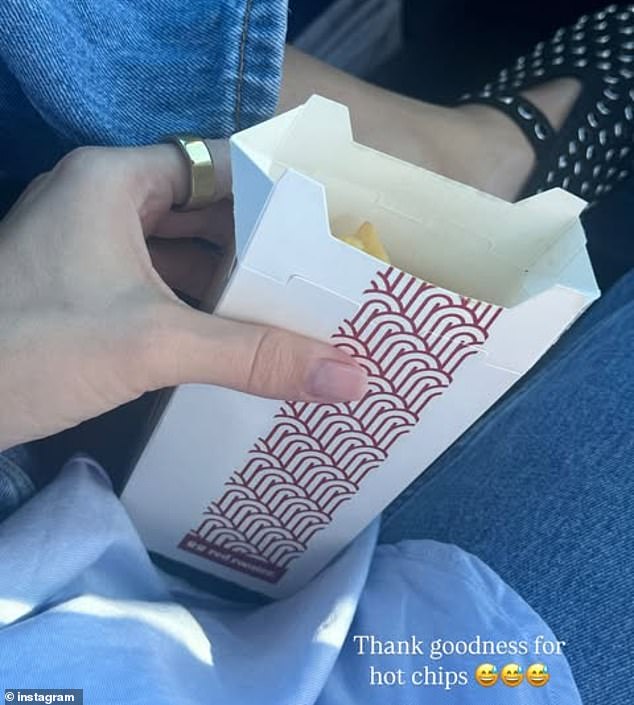 'Thank goodness for hot chips,' she wrote on one of her stories showing a cardboard box of fries in her hand