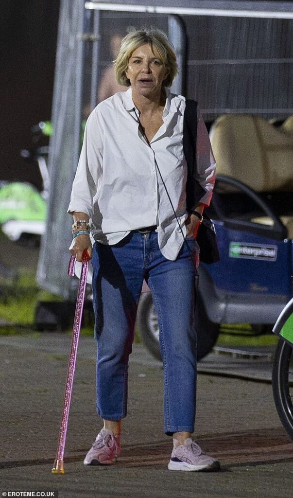 Leslie Ash made a rare appearance using a pink walking stick as she stepped out for Lido Festival in London on Saturday
