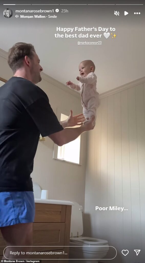 Montana Brown, 29, risked fan backlash as she shared a video on Instagram of her fiancé Mark O'Connor balancing their baby son Miley, five months, on his hands on Sunday