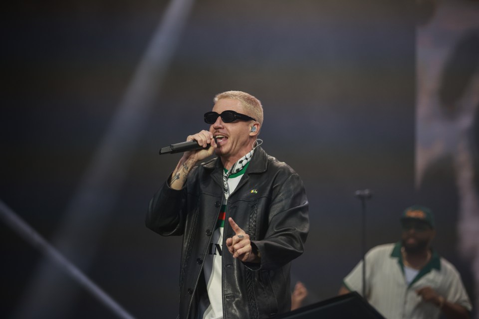 Macklemore performing at a concert.