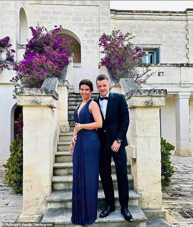 Rebekah Vardy has jetted off to France in style for her pal's lavish wedding - as she foots the £4m costs bill for her ill-fated Wagatha Christie libel case (pictured Rebekah and husband Jamie last year)