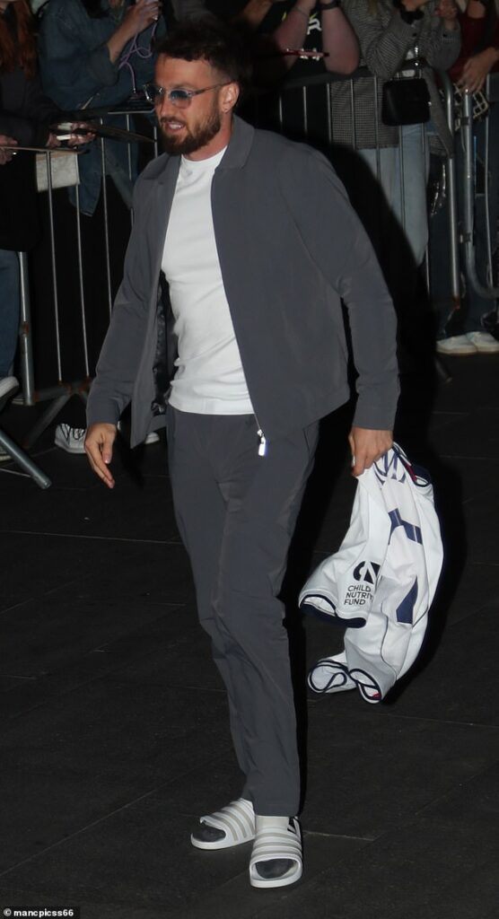 Sam Thompson (pictured) and Louis Tomlinson could no longer avoid running into each other as they both arrived back at their Soccer Aid hotel following England's loss on Sunday