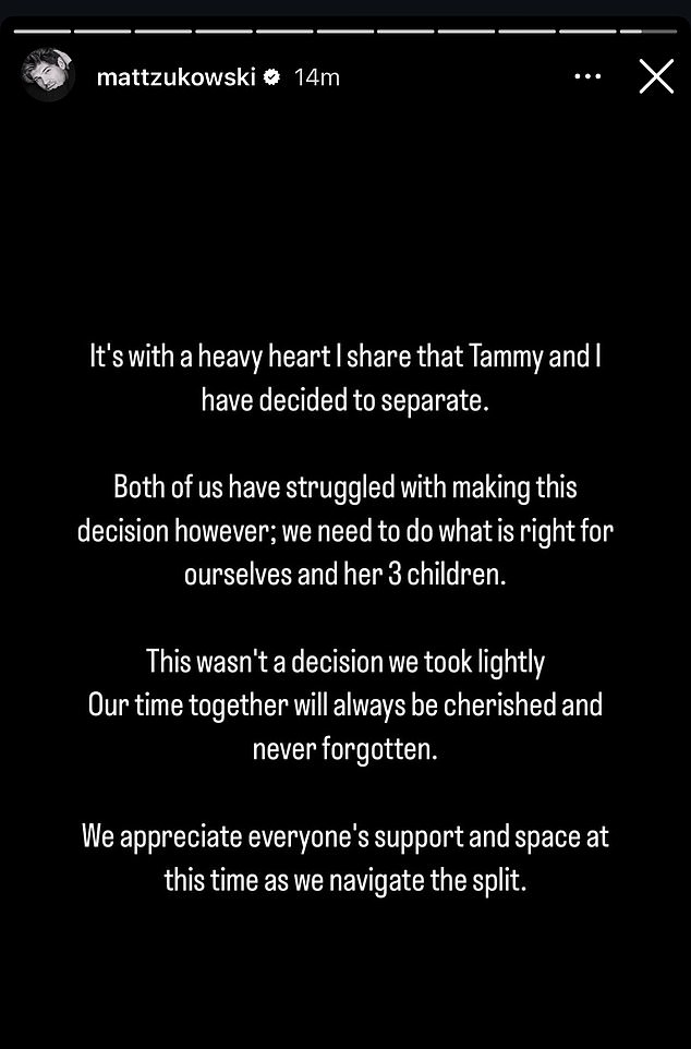 The Love Island Australia star announced the couple's separation in a sombre Instagram Story on Sunday, telling fans the decision was not taken lightly