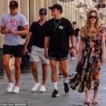 Tom Brady (left) is seen enjoying a morning walk in Venice Saturday with Orlando Bloom (second from right) and Sydney Sweeney (right) after Jeff Bezos' wedding to Lauren Sanchez