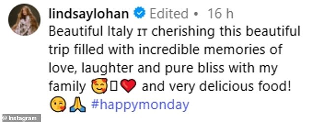 She wrote on Instagram: 'Beautiful Italy. Cherishing this beautiful trip filled with incredible memories of love, laughter and pure bliss with my family and very delicious food!'