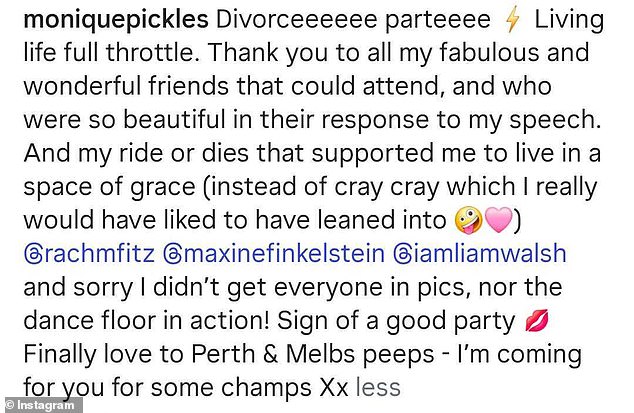 'Divorceeeeee parteeee,' she captioned the post, alongside a lightning bolt emoji
